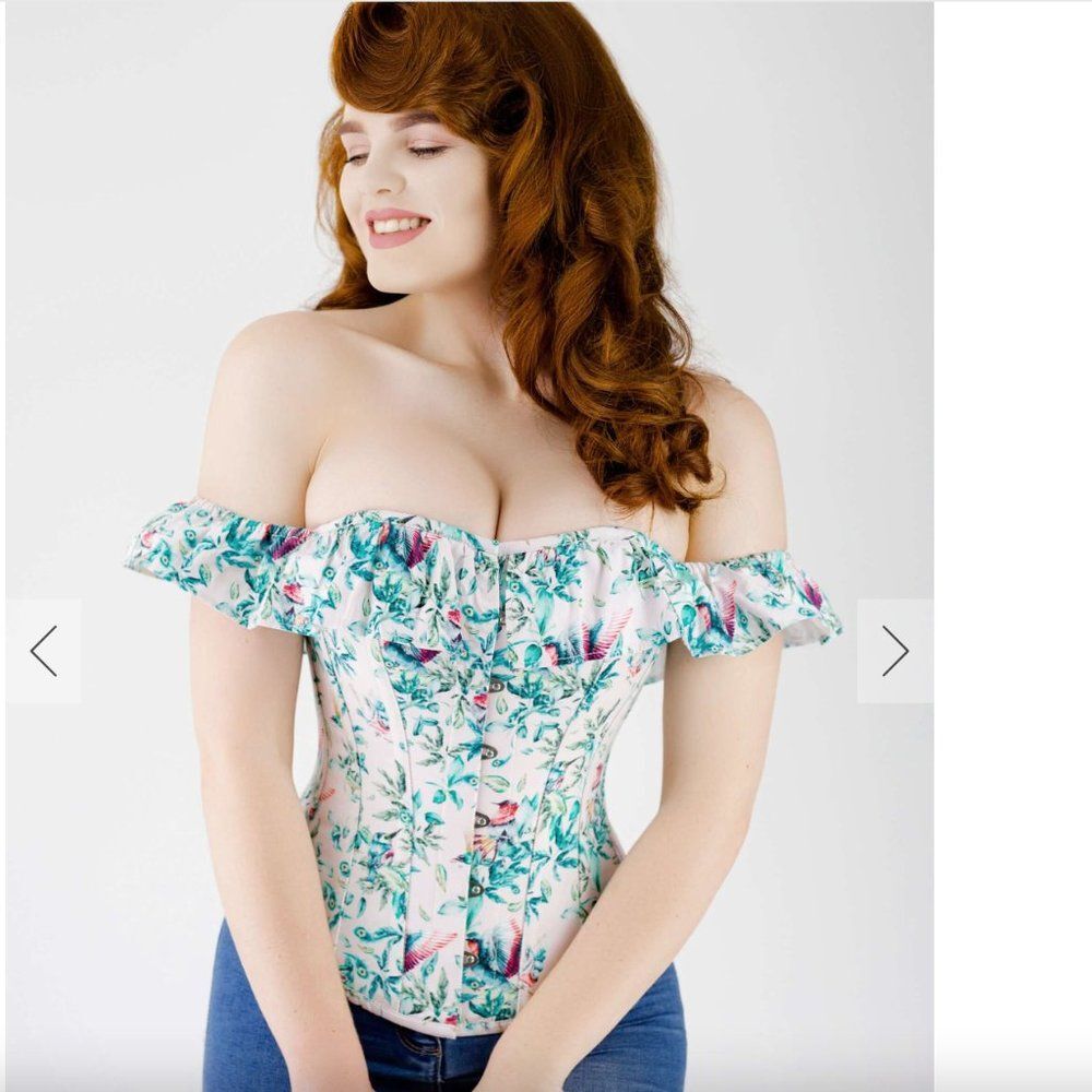 Corset Story Top UK 18 US 14 Novelty Rockabilly Turquoise Ruffle Bird Butterfly - Picture 15 of 15